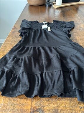 Max Studio Black Tiered Eyelet Yoke Mini Dress with Flutter Sleeves